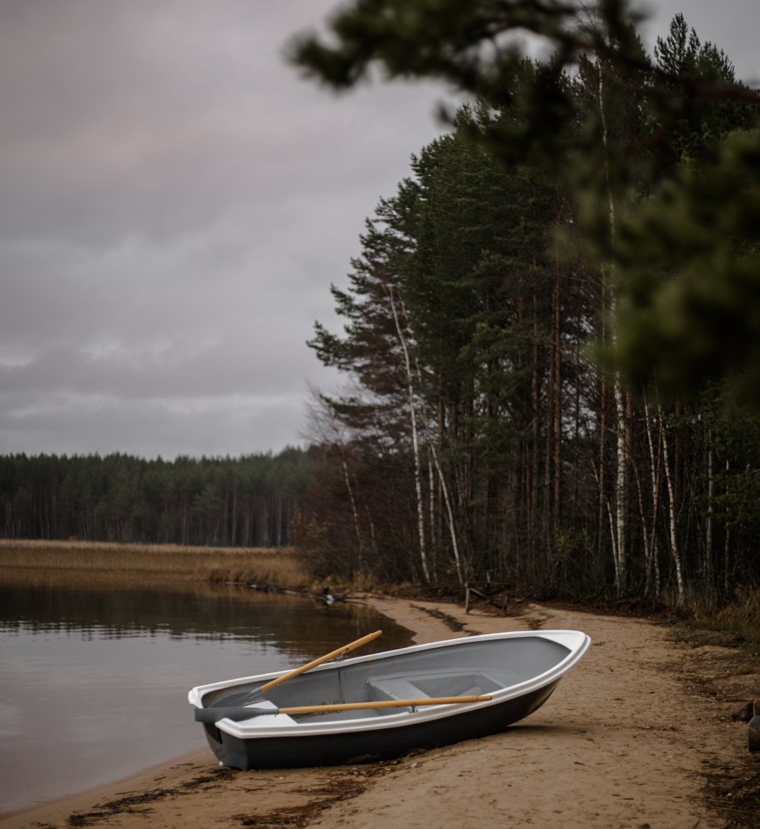 Billede af en robåd, som ligger på stranden.